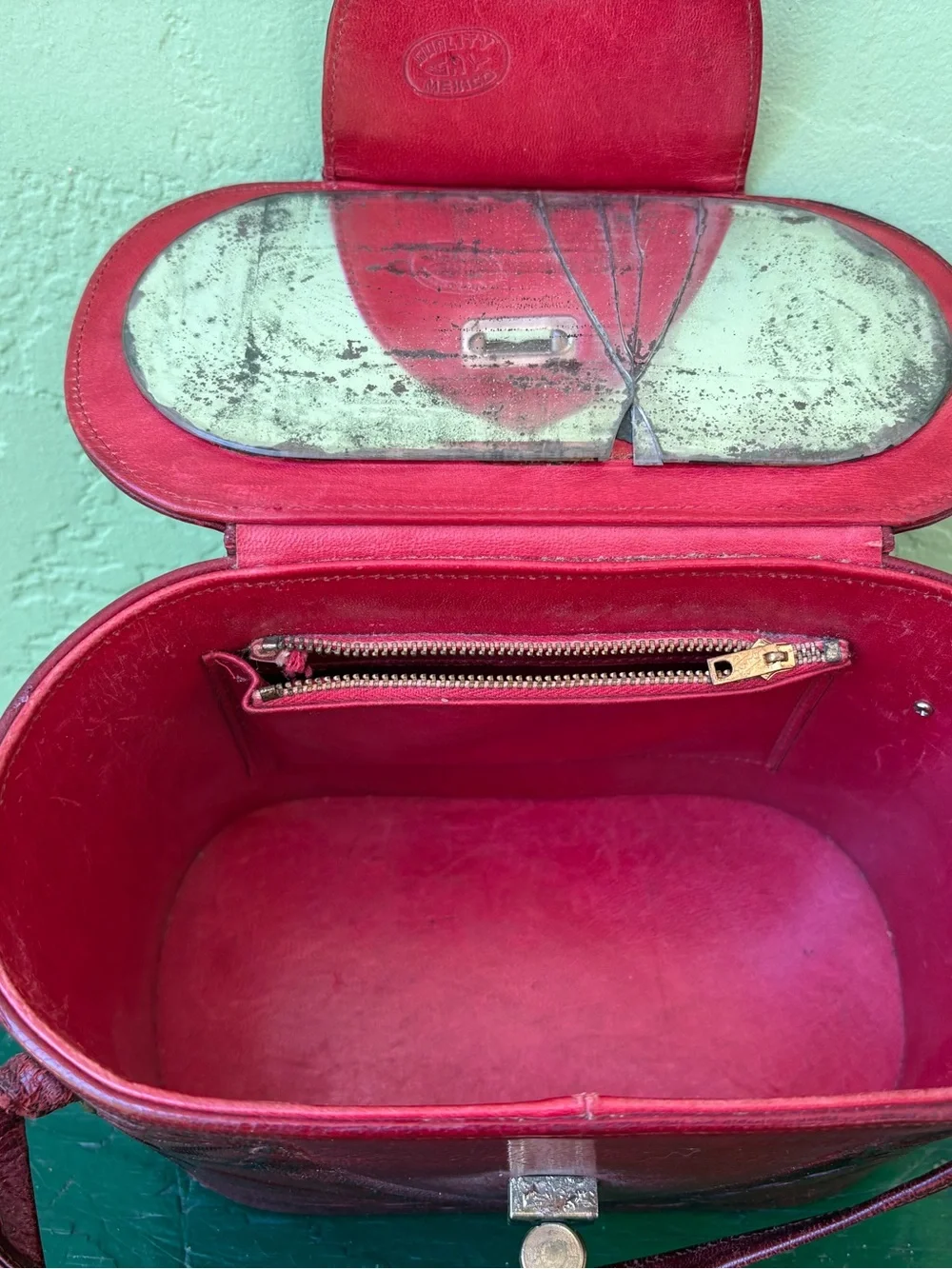 Vintage Red Tooled Leather Mexican handtooled Bag with Turn-Lock Closure
